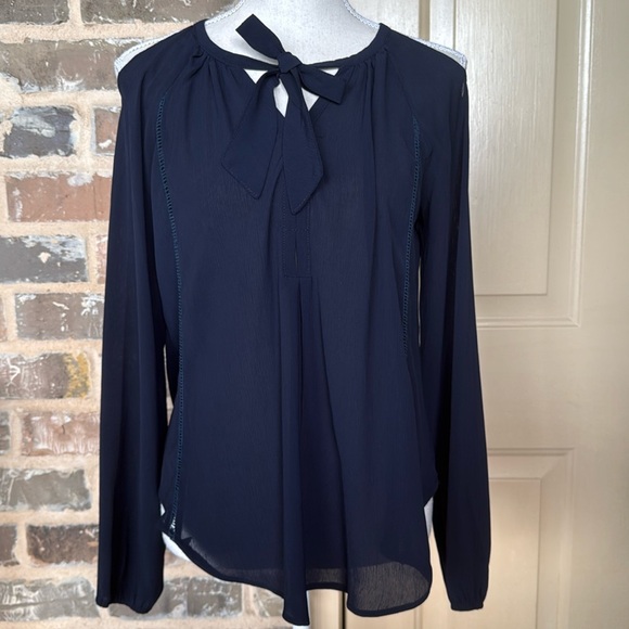 Buckle True Navy Boho Peasant Blouse Cold Shoulder Flowy Lightweight Tie Neck - Picture 7 of 14